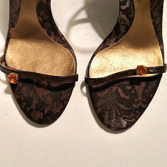 BCBGMaxAzria Brown Leather Orange Crystal Sandals - Picture 2 of 7